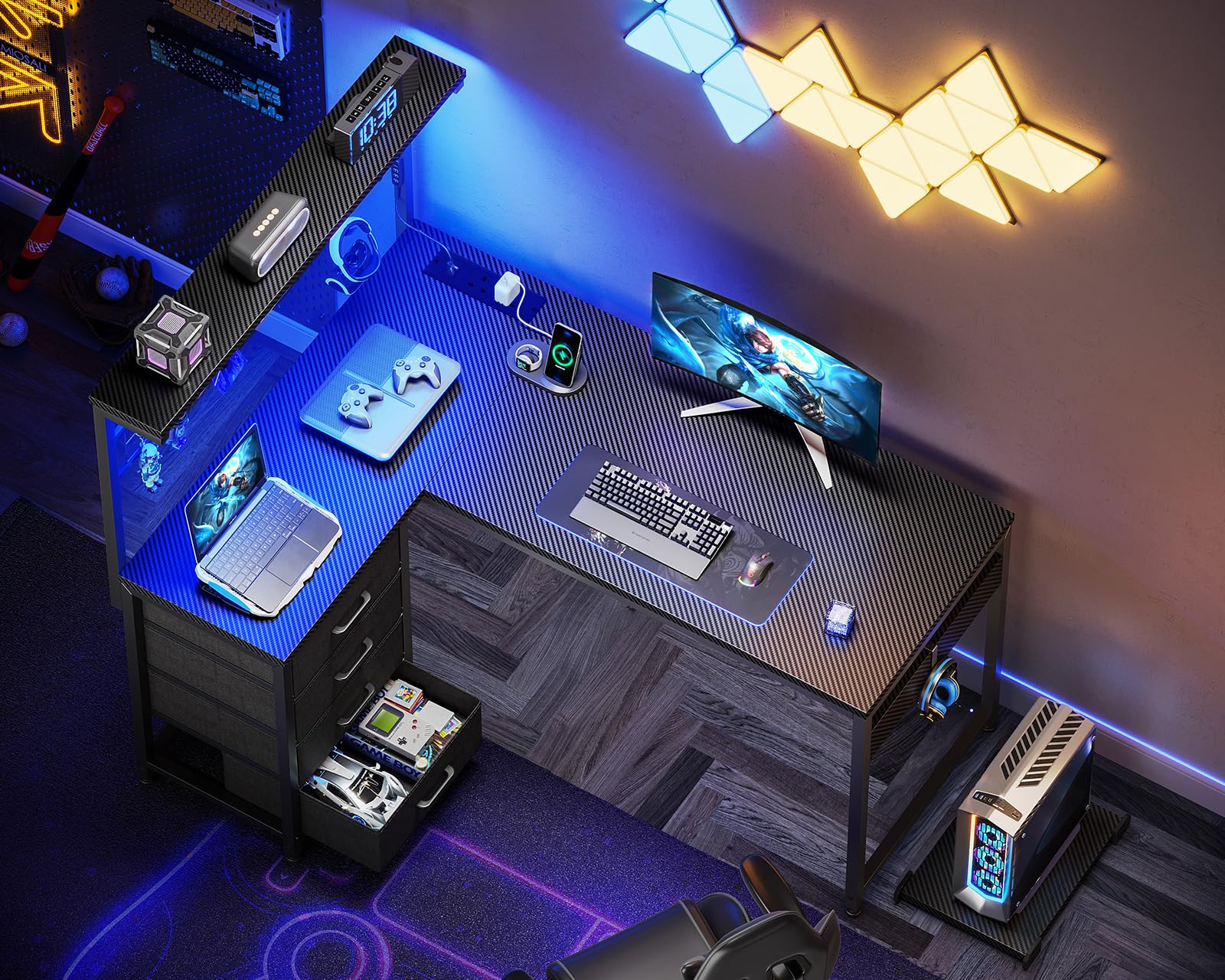 Coleshome L-shaped gaming desk with drawers, shelf, LED lights, power outlets, hook, and carbon fiber black finish.