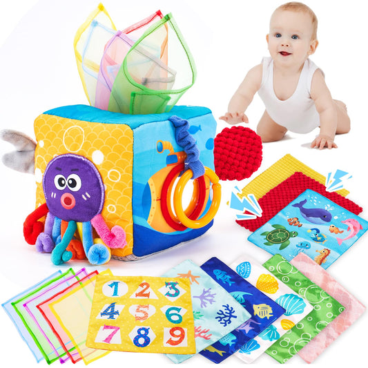 hahaland Baby Tissue Box Toy, Baby Toys 6 Months+ Montessori Toys for 6 Month Old with Textured Tails, Cloth Tissues, Crinkle, Squeaky Sounds, Mirror - Christmas Stocking Stuffers Sensory Toy