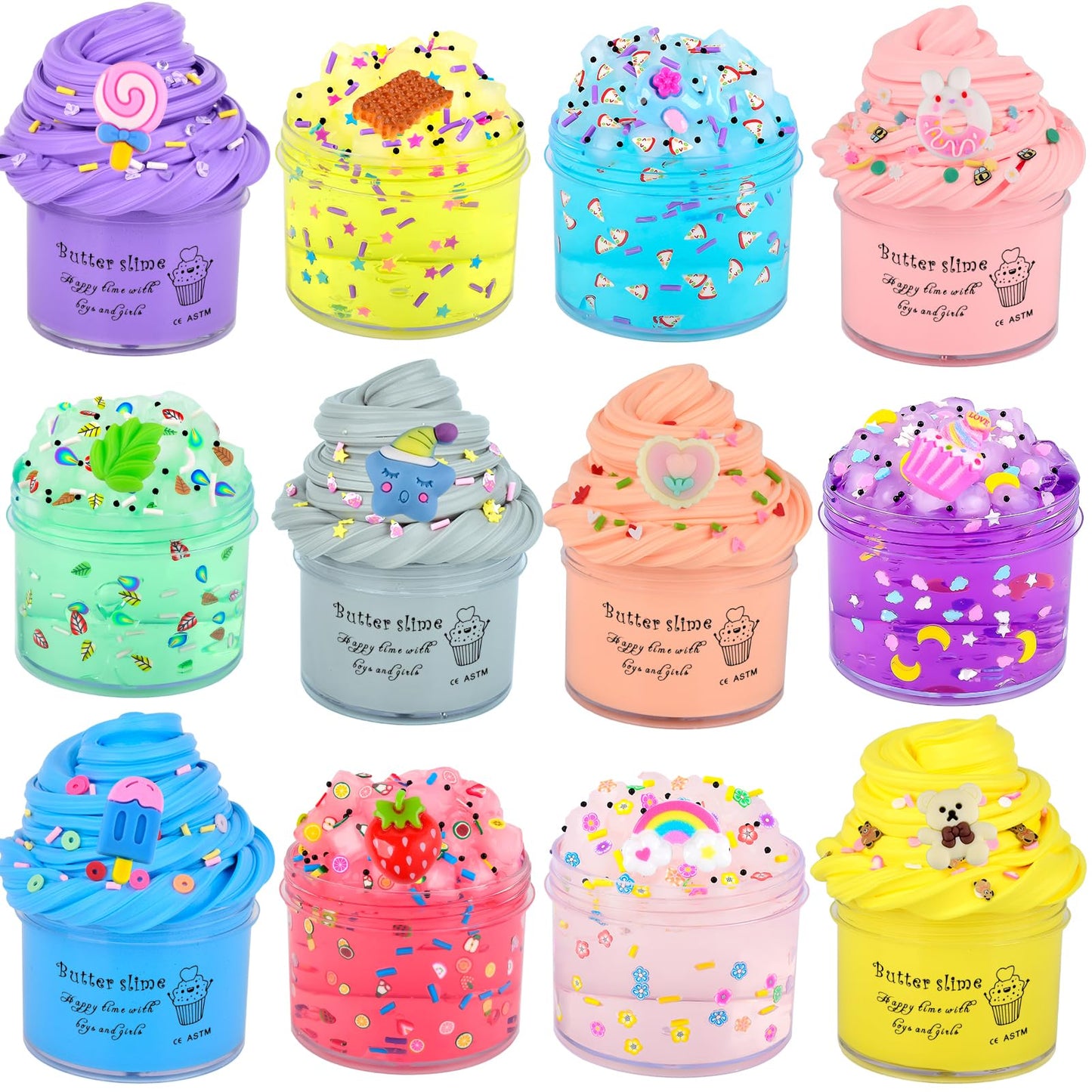 Colorful Petyuioyu slime kit with 12 packs including butter and crystal slime, soft, non-sticky, perfect for kids’ party favors.