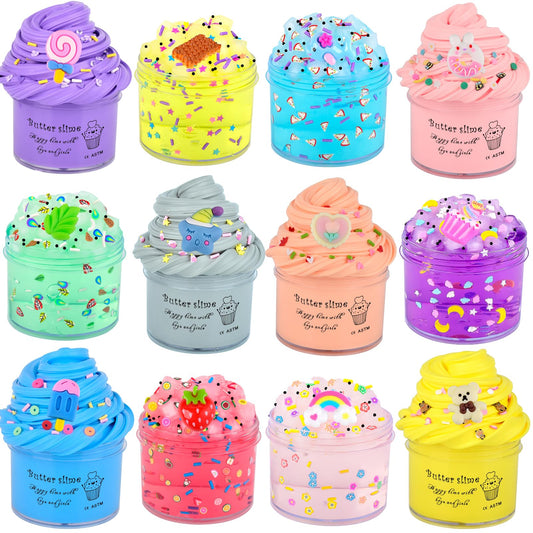 Colorful Petyuioyu slime kit with 12 packs including butter and crystal slime, soft, non-sticky, perfect for kids’ party favors.