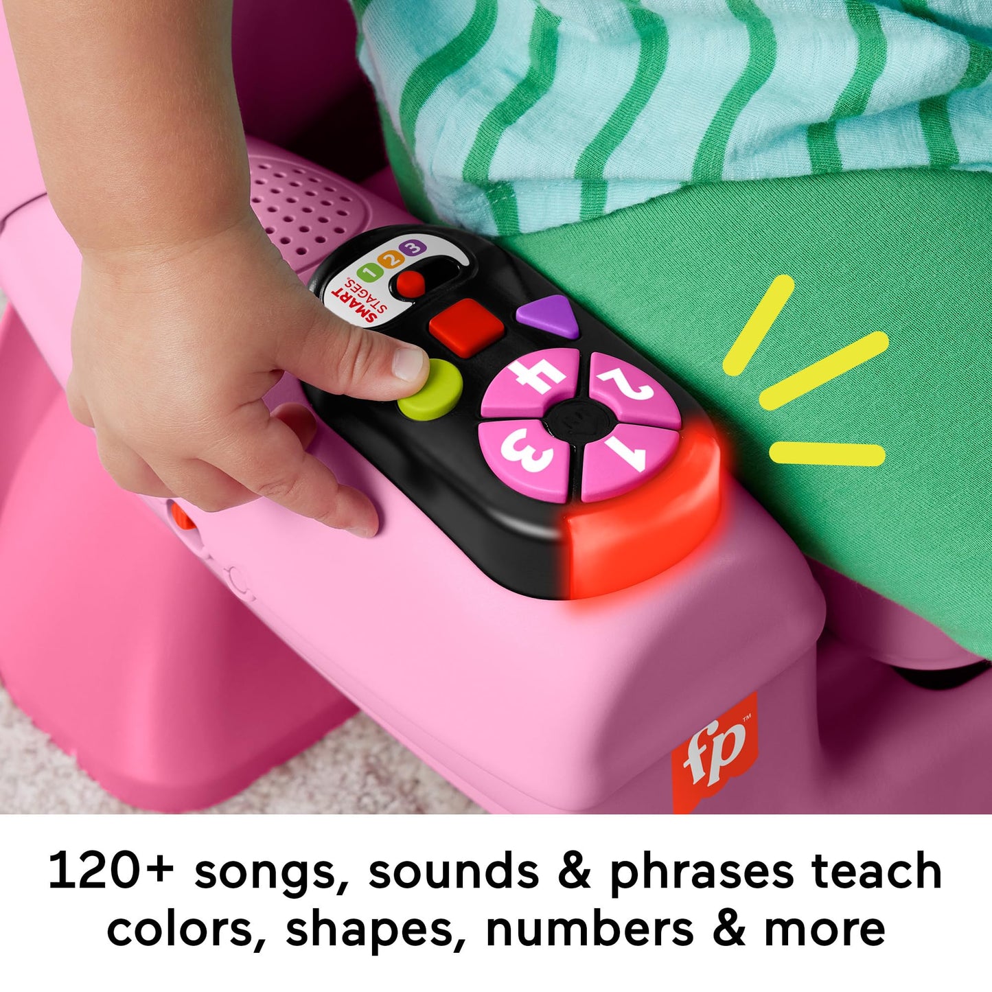 Fisher-Price Laugh & Learn toddler learning toy chair in pink with music lights and activities for ages 1+ in multiple languages.