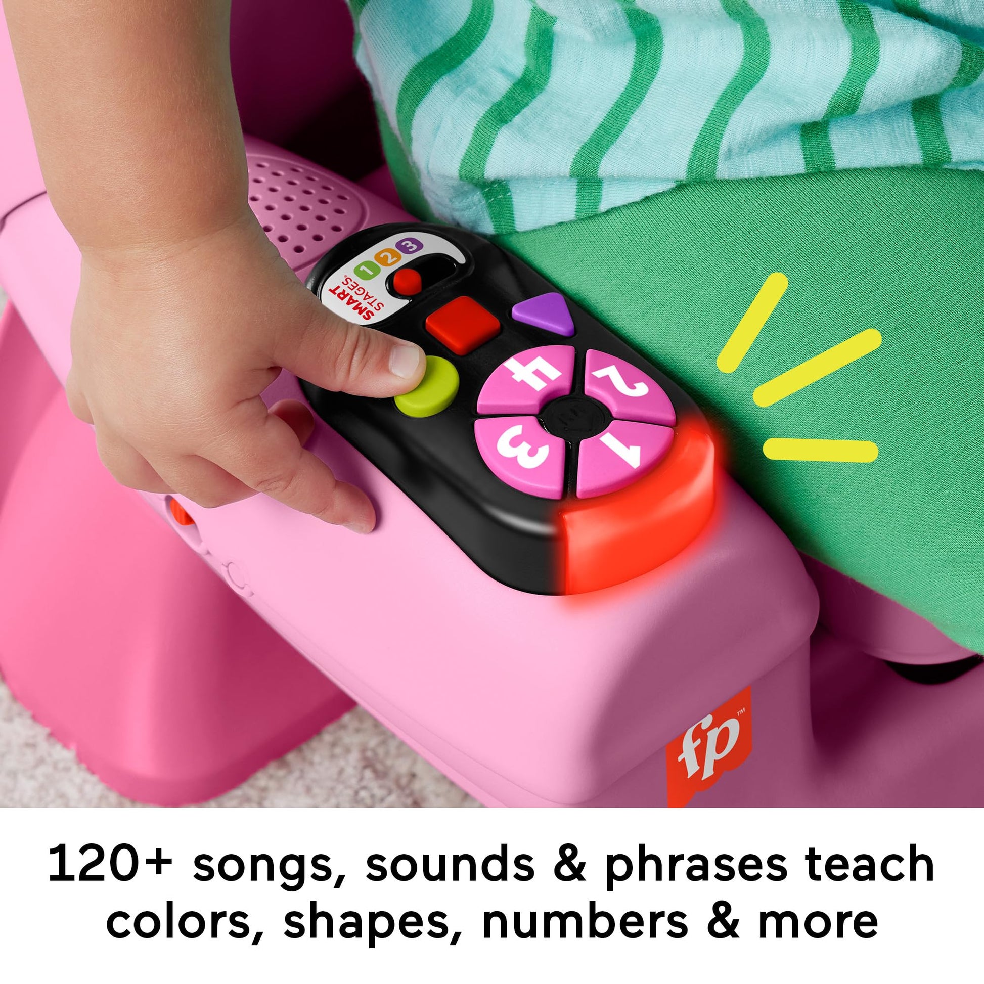 Fisher-Price Laugh & Learn toddler learning toy chair in pink with music lights and activities for ages 1+ in multiple languages.