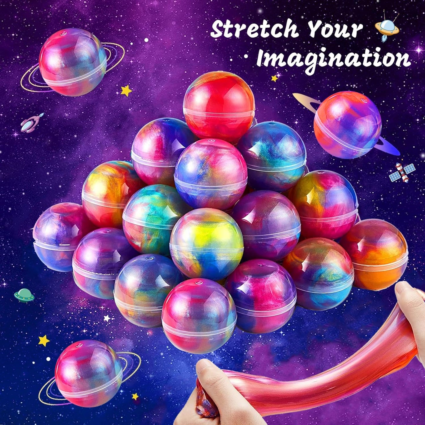 Set of 24 colorful Galaxy Slime Balls from SJOAUET, stretchy, non-sticky stress relief toys for kids, party favors, and classroom rewards.