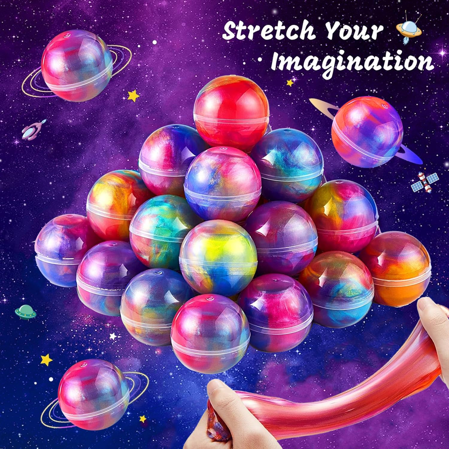 Set of 24 colorful Galaxy Slime Balls from SJOAUET, stretchy, non-sticky stress relief toys for kids, party favors, and classroom rewards.