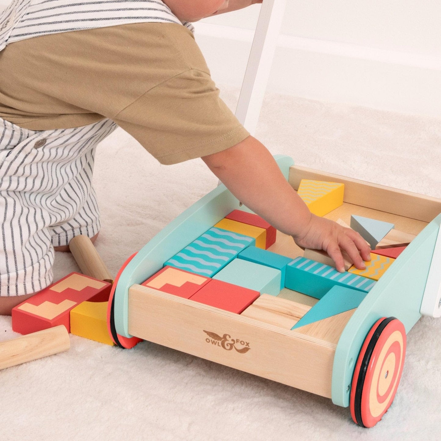Owl & Fox Wooden Baby Walker with 29 Assorted Colourful Blocks, Traditional Push Along Early Development & Activity Toy, Sustainably Sourced, for Ages 12 Months+