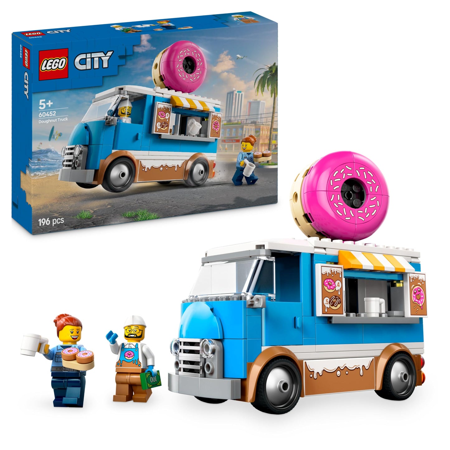 LEGO City Donut Truck toy featuring a mobile food stand and two minifigures, ideal for creative play for kids 5+.