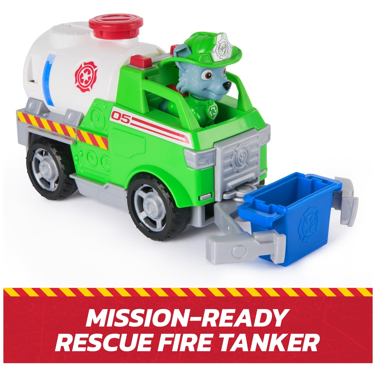 Paw Patrol Fire Rescue: Rocky Rescue Fire Tanker with Action Figure, Grab Claw and Toy Truck, Kids Toys for Boys and Girls Ages 3 and Up