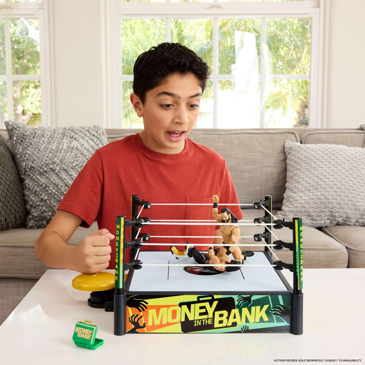 WWE Money In The Bank Cash-In Ring Playset with 2 Play Modes & 40+ Sounds & Phrases, Includes Launcher Crane, Ladders & Briefcase, 13-Inch x 20-Inch, JGR83