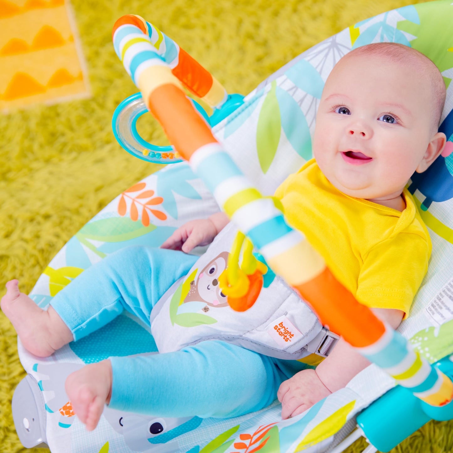 Bright Starts Baby Bouncer with soothing vibrations, removable toy bar, nonslip feet, suitable for infants 0-6 months up to 20 lbs.