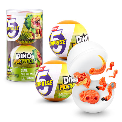 5 Surprise Dino Mix & Match mini toy capsules with realistic dinosaur figures, accessories, and mystery unboxing for kids.