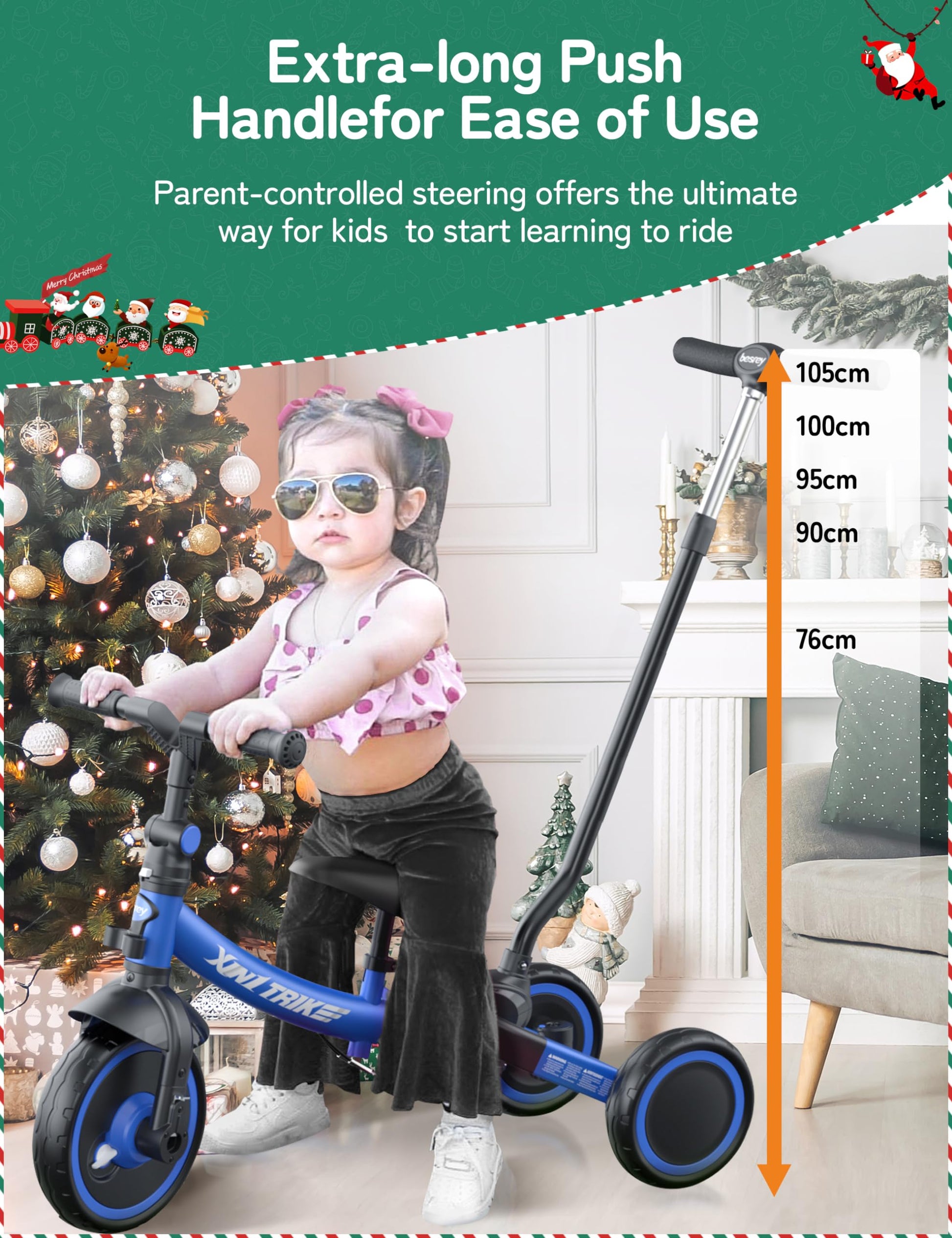 besrey 5-in-1 toddler tricycle in blue with adjustable seat, removable pedals, and parent steering handle for ages 1-5.