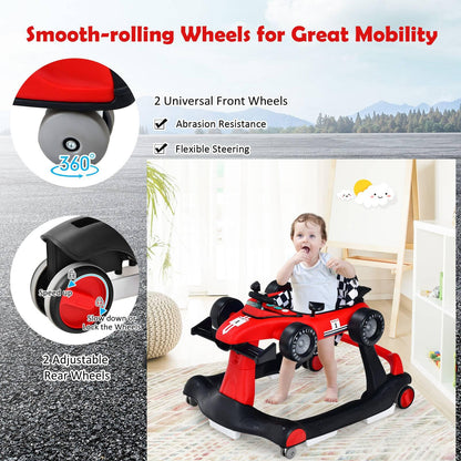 Maxmass Baby Walker, 4 in 1 Infant Sit-to-Stand Walker with Adjustable Height & Speed, Steering Wheels, Detachable Seat Cushion, Foldable Toddler Activity Walkers for Boy Girl 6-18 Months (Red)