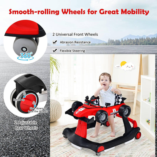Maxmass Baby Walker, 4 in 1 Infant Sit-to-Stand Walker with Adjustable Height & Speed, Steering Wheels, Detachable Seat Cushion, Foldable Toddler Activity Walkers for Boy Girl 6-18 Months (Red)