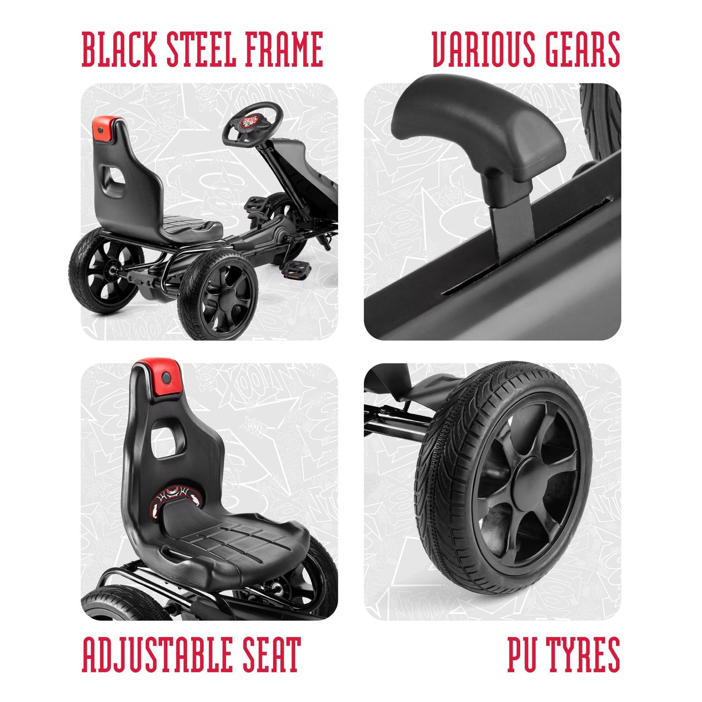 Xootz Venom Pedal Go Kart | Kids Ride-On Race Car with Gears, Handbrake and Adjustable Seat, Black & Red