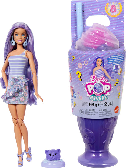 Barbie Pop Reveal Series Fashion Doll and accessories set with donut theme, pet, and 8 surprises including color change features.