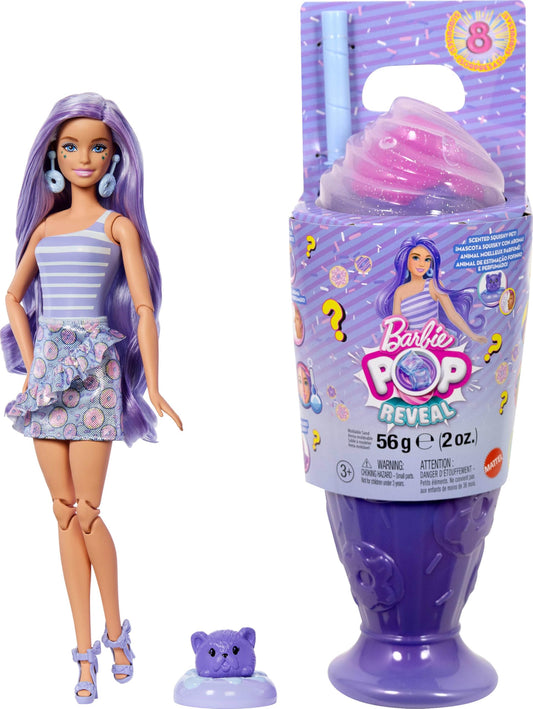 Barbie Pop Reveal Treat Series Fashion Doll set with donut theme, accessories, and pet, showcasing 8 surprises and color change.
