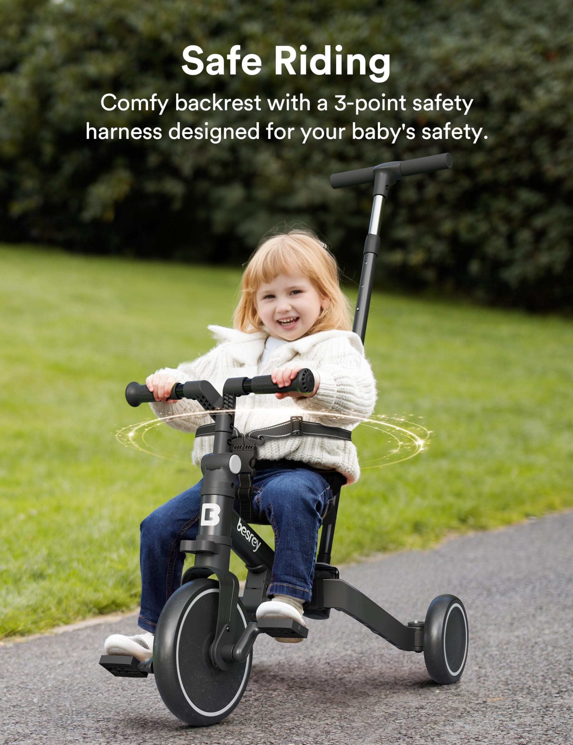 besrey toddler bike in black with push handle, removable pedals, adjustable seat for kids aged 1-3 years, foldable design.