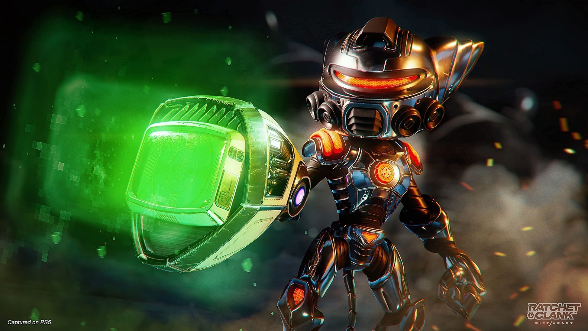 PlayStation Ratchet & Clank: Rift Apart game cover art for PS5 featuring characters and vibrant sci-fi background.