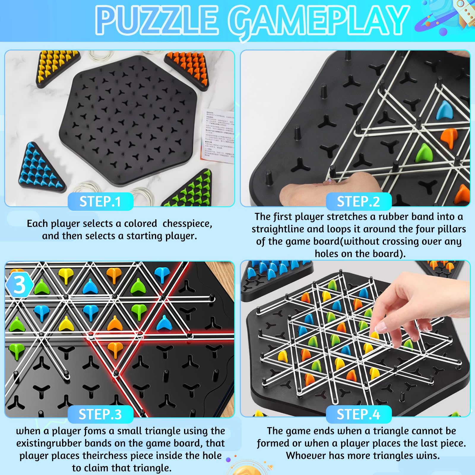 Kykae chess board game with playing pieces, rubber band game for kids and adults, ideal for family night multiplayer fun