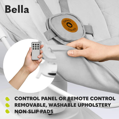 Lionelo Bella electric baby bouncer with 360° seat, adjustable backrest, safety harness, remote control, and multiple swing modes.