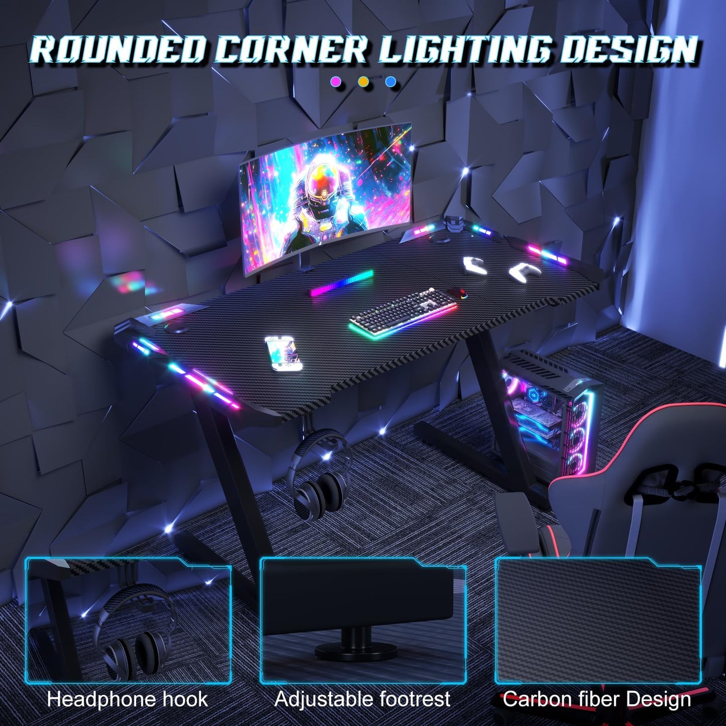 JUMMICO 120 x 60 cm Gaming Desk with LED Lights, RGB Gaming Table Sturdy Computer Desk for Home Office and Gamers with Headphone Hook, Black