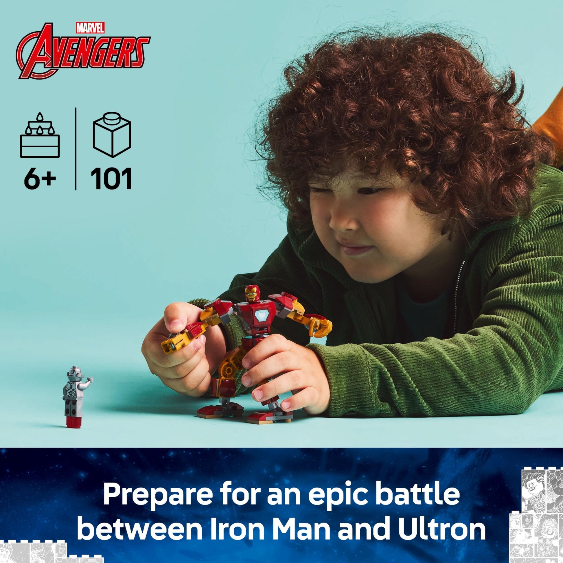 LEGO Marvel Iron Man Mech and Ultron buildable figures with two minifigures, ideal for superhero play and creativity.
