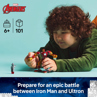 LEGO Marvel Iron Man Mech and Ultron buildable figures with two minifigures, ideal for superhero play and creativity.