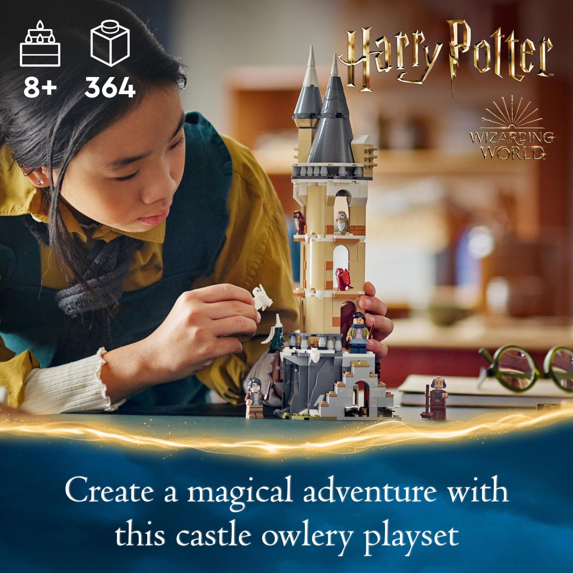 LEGO Harry Potter Hogwarts Castle Owlery set with minifigures and owls, perfect for kids aged 8 and up.