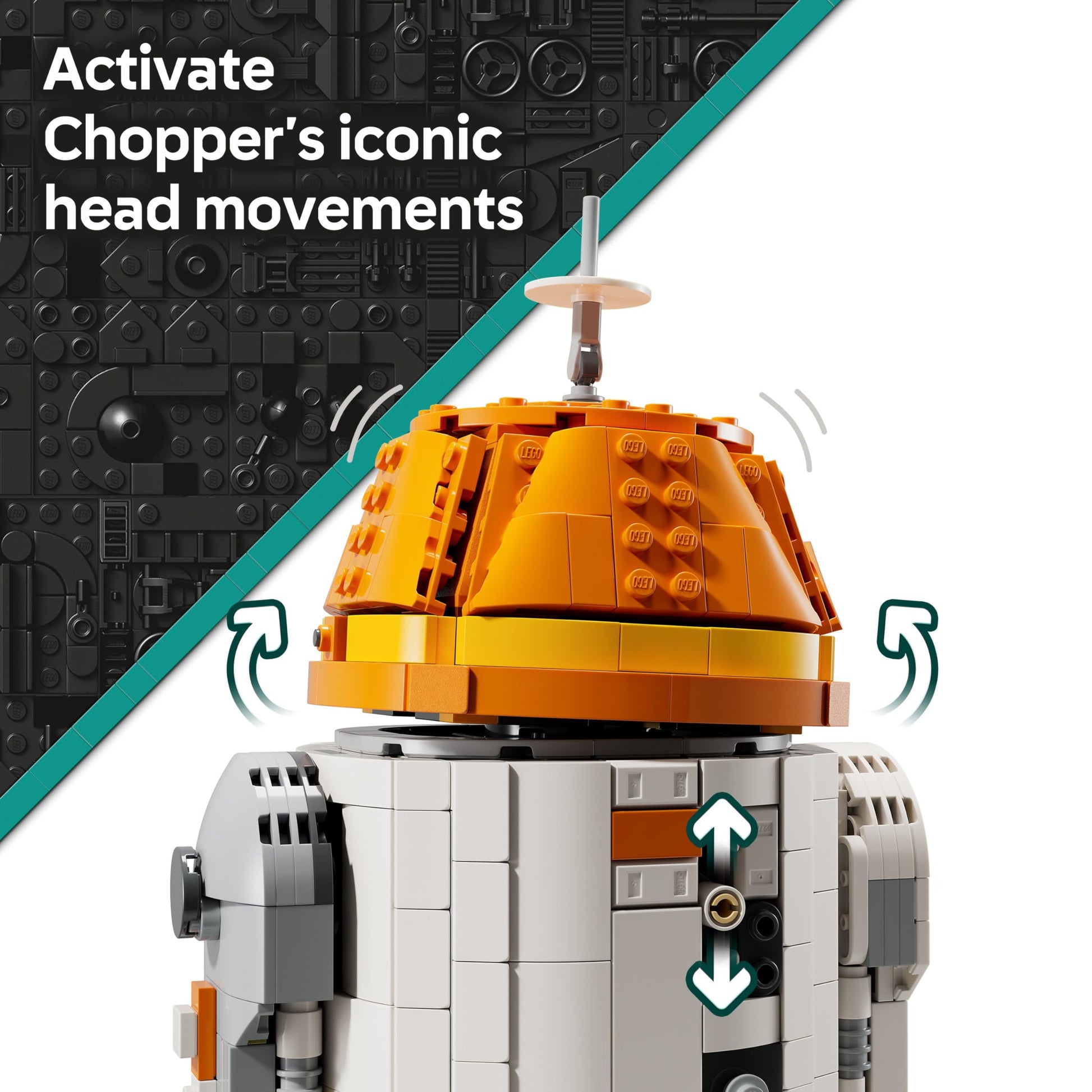LEGO Star Wars 75416 Chopper astromech droid figure with movable head, detachable arms, and center wheel in action pose.
