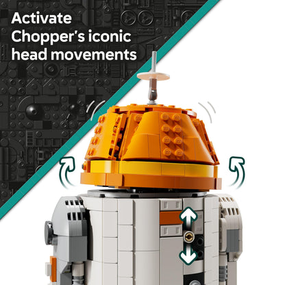 LEGO Star Wars 75416 Chopper astromech droid figure with movable head, detachable arms, and center wheel in action pose.