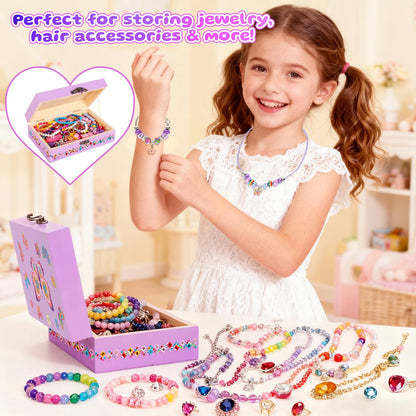 PinkSheep Wooden DIY Jewellery Box for Girl 6-12, Arts and Crafts Kits with Necklace Bracelet, Diamond Tape, Ddiamond Painting Box, DIY Pirate Treasure Chest Set for Kids (Purple Butterfly)