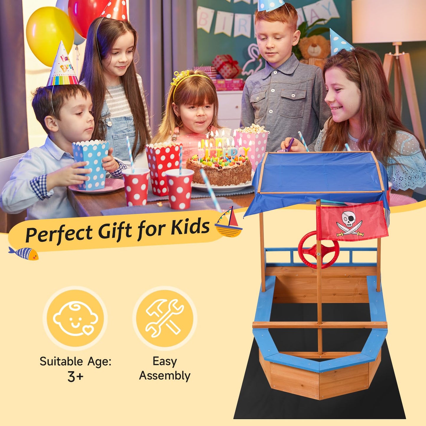 Warmiehomy Sand Pit With Lid For Toddlers Age 3-10 Wooden Kids, Pirate Ship Sand Boat With Canopy Liner Flag, Shell SandPit Outdoor Kids For Garden Backyard Creative Fun Gift For 3+ Years