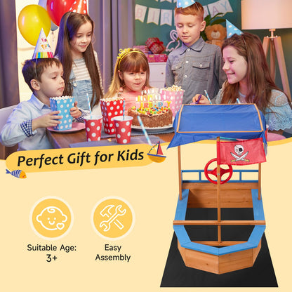 Warmiehomy Sand Pit With Lid For Toddlers Age 3-10 Wooden Kids, Pirate Ship Sand Boat With Canopy Liner Flag, Shell SandPit Outdoor Kids For Garden Backyard Creative Fun Gift For 3+ Years