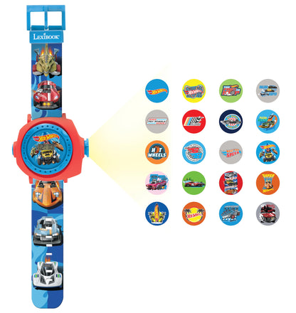 LEXIBOOK Hot Wheels adjustable projection watch in blue, featuring a digital screen and 20 colorful Hot Wheels images for kids.
