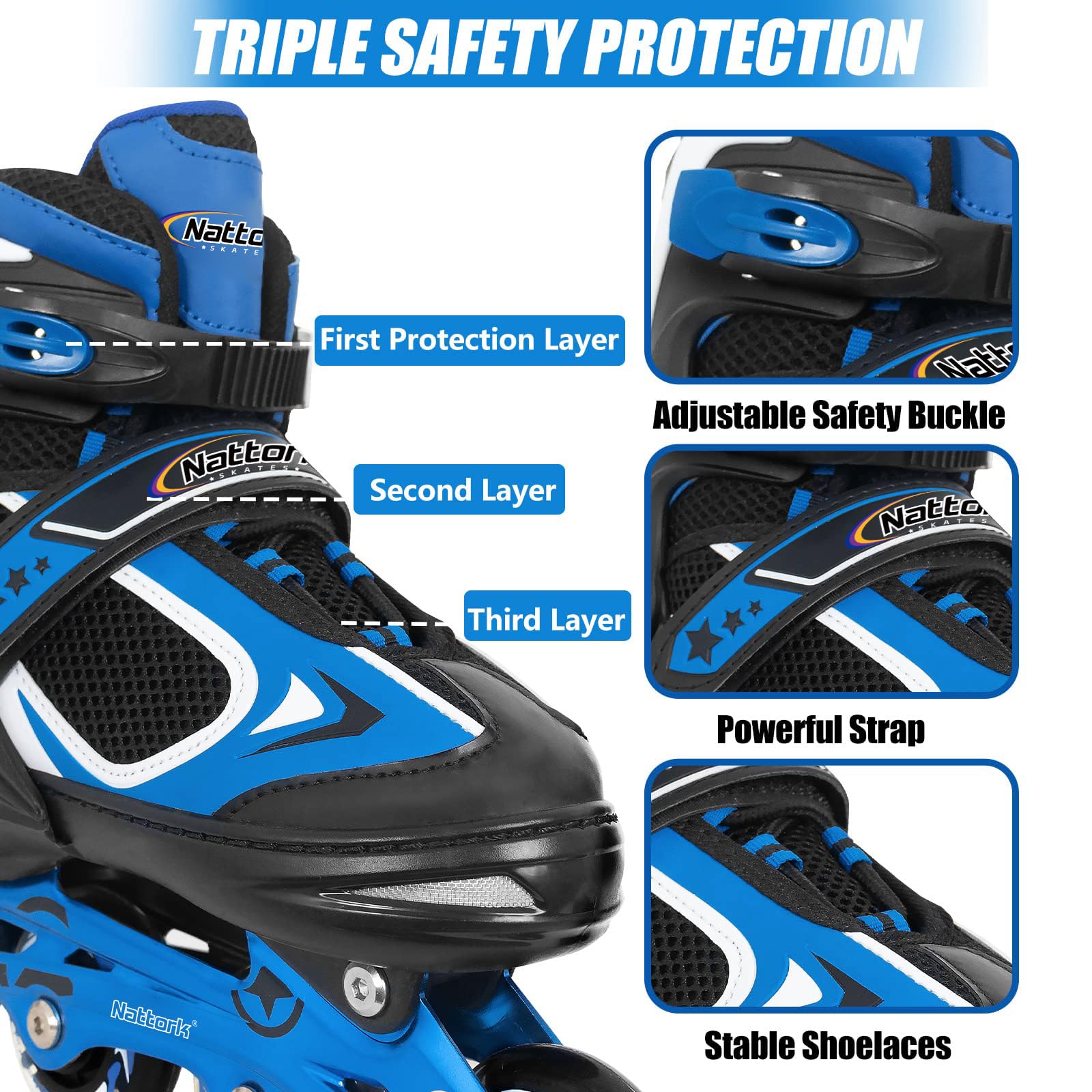 Nattork blade roller skates for boys with light-up wheels, blue inline skates, suitable for indoor and outdoor use, ages 5-12.