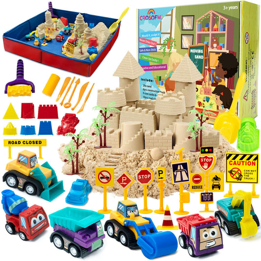 CROSOFMI Play Sand for Kids 2lbs Magic Sand with 6 Construction Vehicles 10 Road Signs and Foldable Sandbox and Moulds and Tools Toys for Boys Girls 3 4 5 6 7+ Year Old