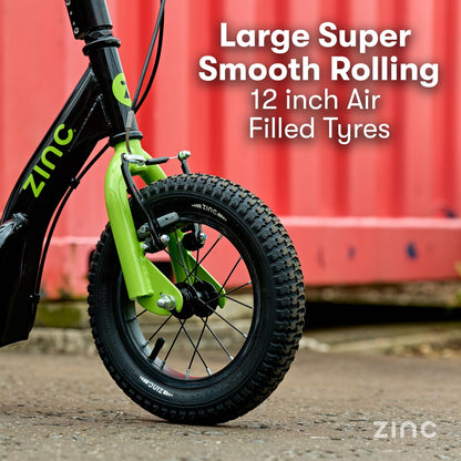 Zinc Radikal BMX Scooter for Kids Ages 6+ – 12 Inch Big Wheel Stunt Scooters with 360 Degree Handlebar Spin, Front & Rear Brakes, Steel Frame, Off-Road Tyres, Green & Black