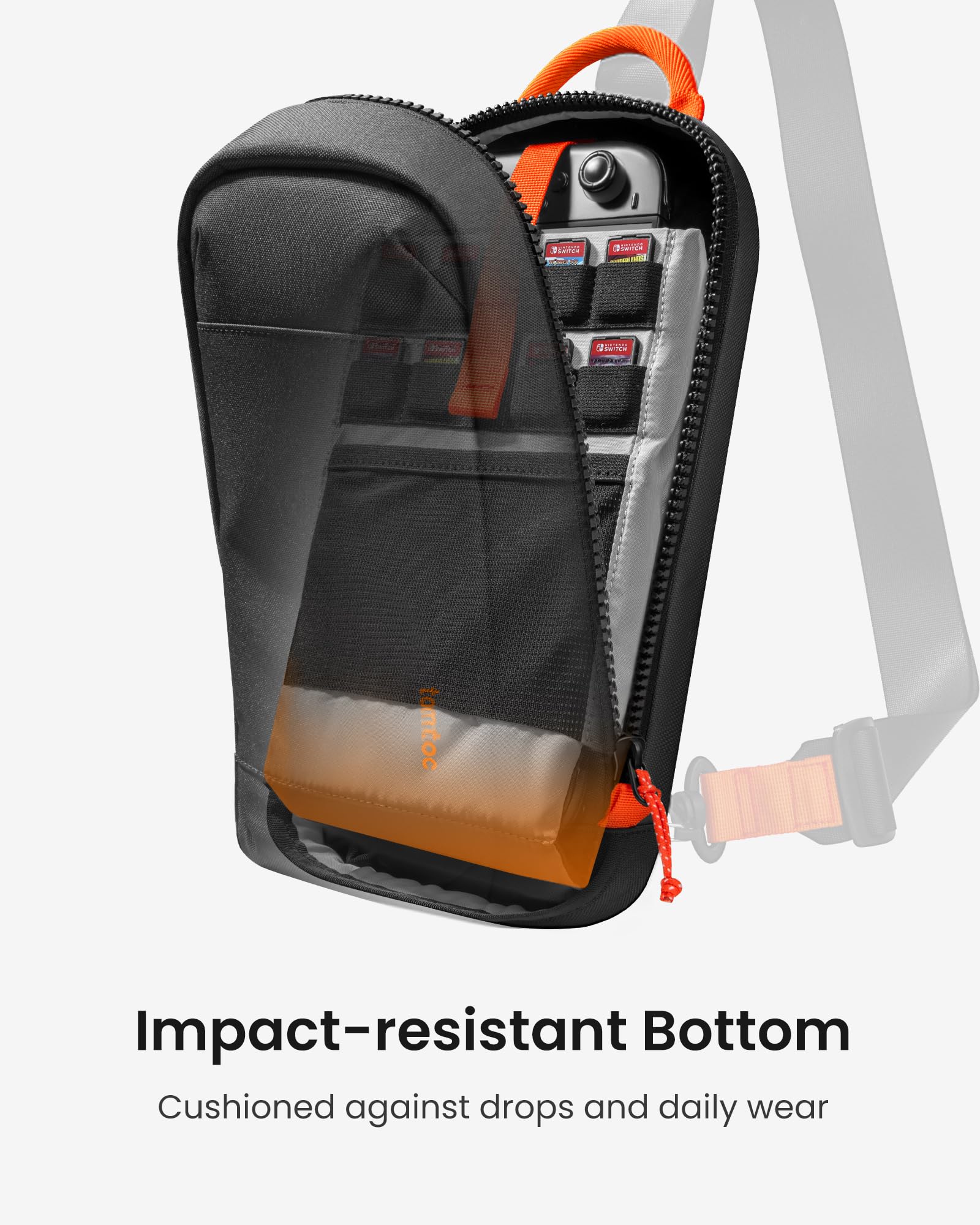 tomtoc Sling crossbody bag for Nintendo Switch 2, black, with compartments for 8 game cartridges, charger, and accessories.