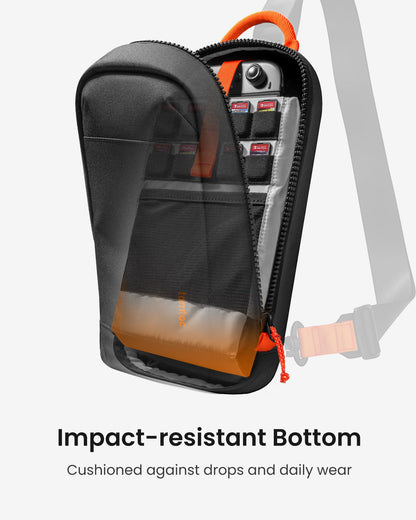tomtoc Sling crossbody bag for Nintendo Switch 2, black, with compartments for 8 game cartridges, charger, and accessories.