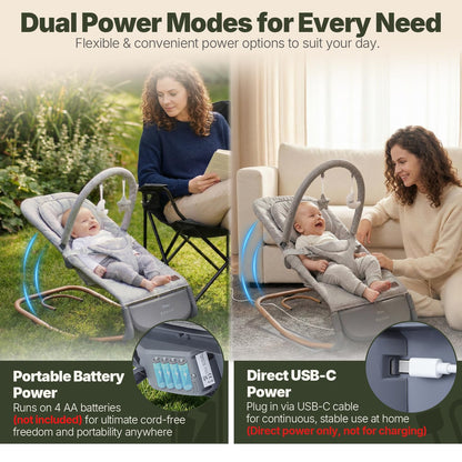 Orzbow electric baby bouncer with ergonomic swing chair, touch control, 3 swing speeds, lullabies, and adjustable volume in dove grey.