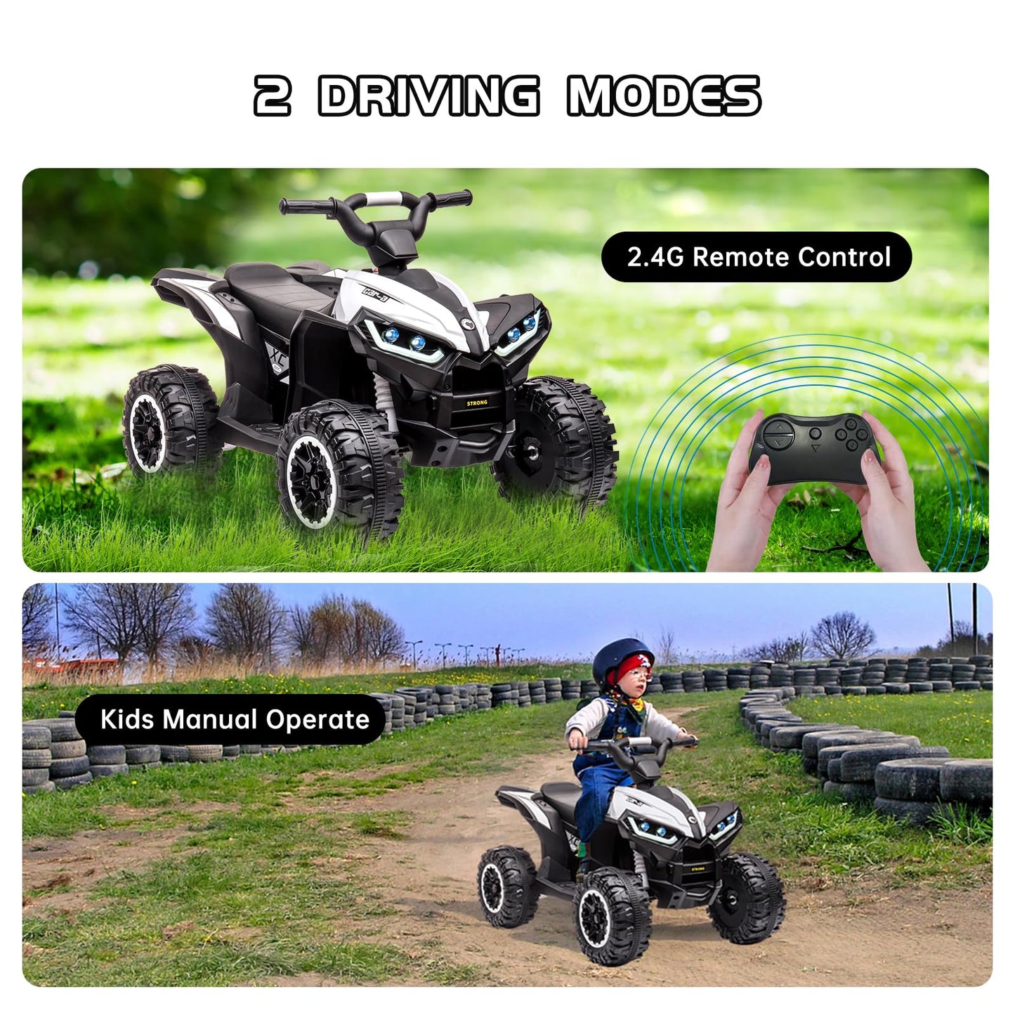 Aptliton kids electric quad bike ride-on toy with remote control, LED lights, horn, music, and two-speed options in white.