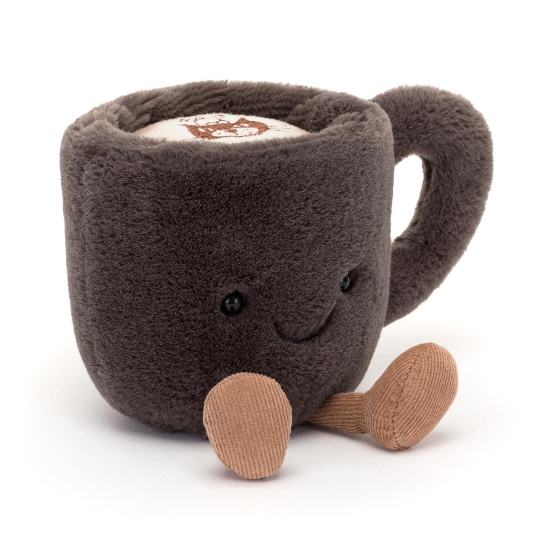 Jellycat Amuseable Coffee Cup Plush toy with a smiling face and soft fabric, featuring a whimsical design and cute details.