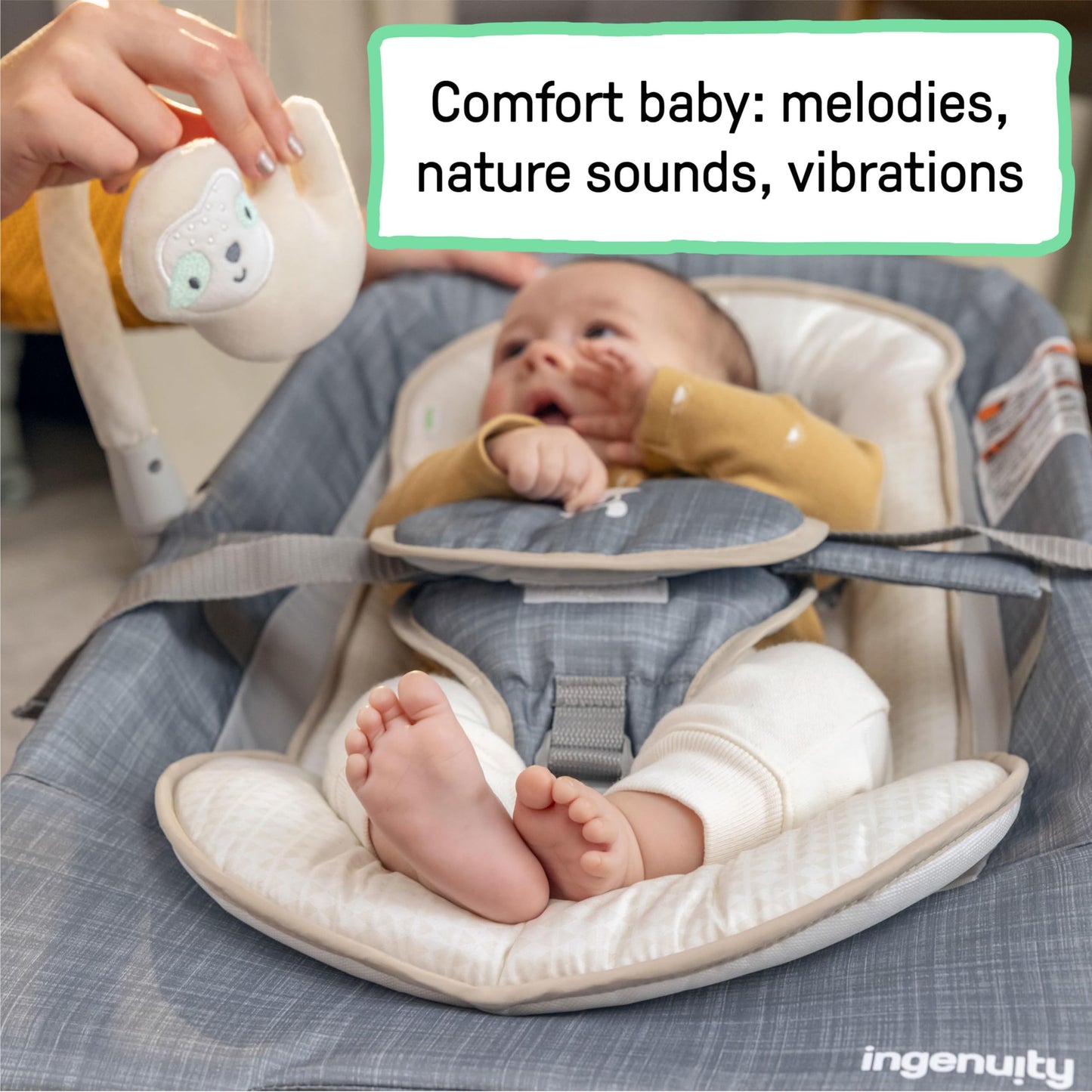 Ingenuity Happy Belly Rock-to-Bounce Seat, Music, Vibration, Detachable Toy Bar, Plush Sloth Toy, for Ages 0-6 Months, Grey - Parker