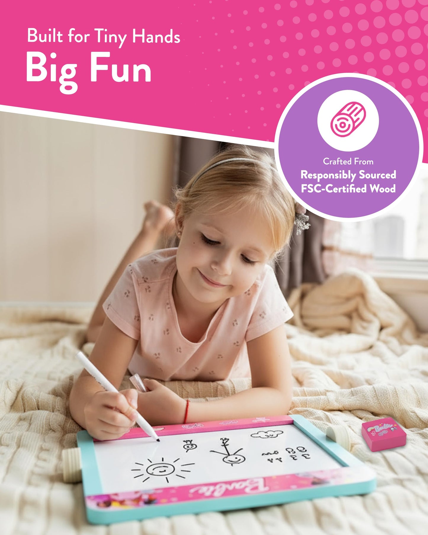 Barbie 2-in-1 wooden tabletop easel with double-sided blackboard and whiteboard, pen, eraser, and chalk for kids' creative play.