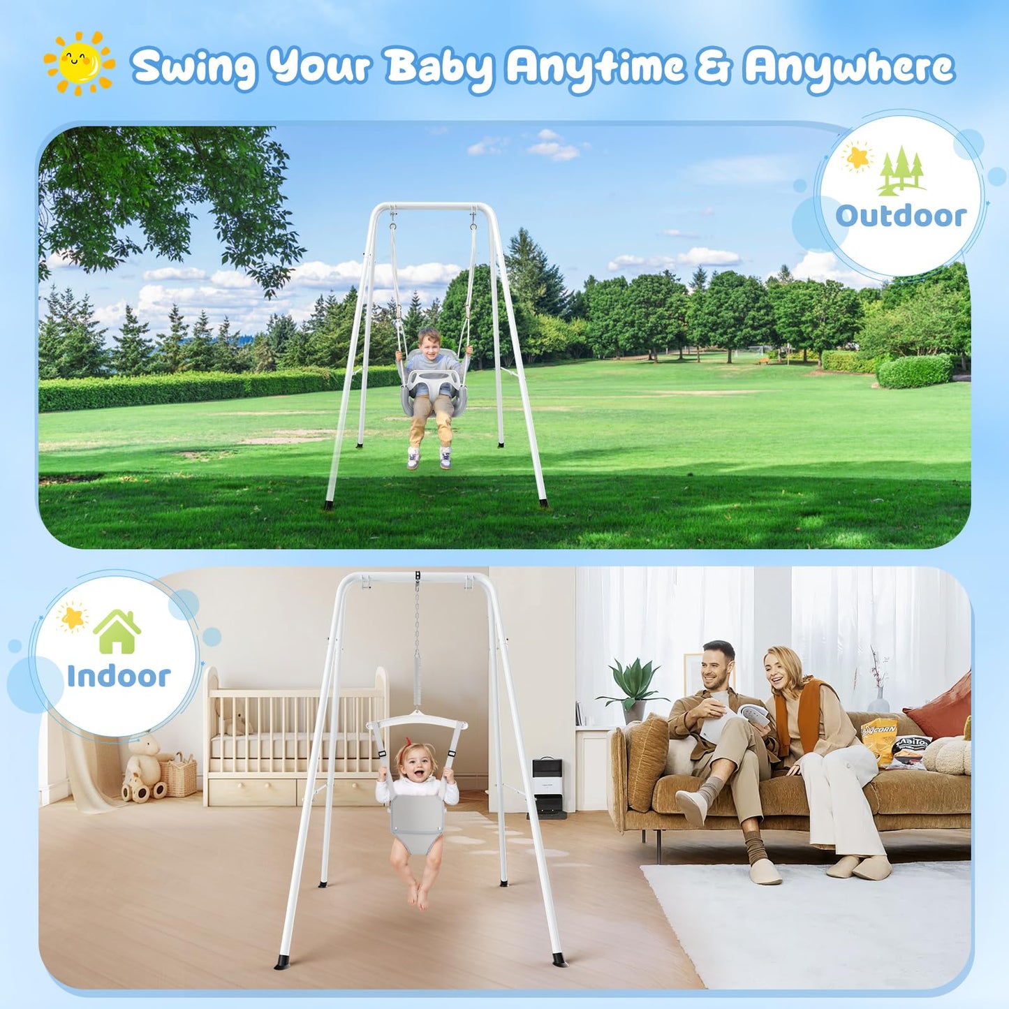 4 in 1 Toddler Swing Set, Kids Swing with Folding Metal Frame Stand, Safety Belt, for Baby In & Outdoor, Garden Playground Set, Swing Sets for backyard (White)