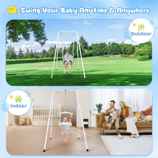 4 in 1 Toddler Swing Set, Kids Swing with Folding Metal Frame Stand, Safety Belt, for Baby In & Outdoor, Garden Playground Set, Swing Sets for backyard (White)