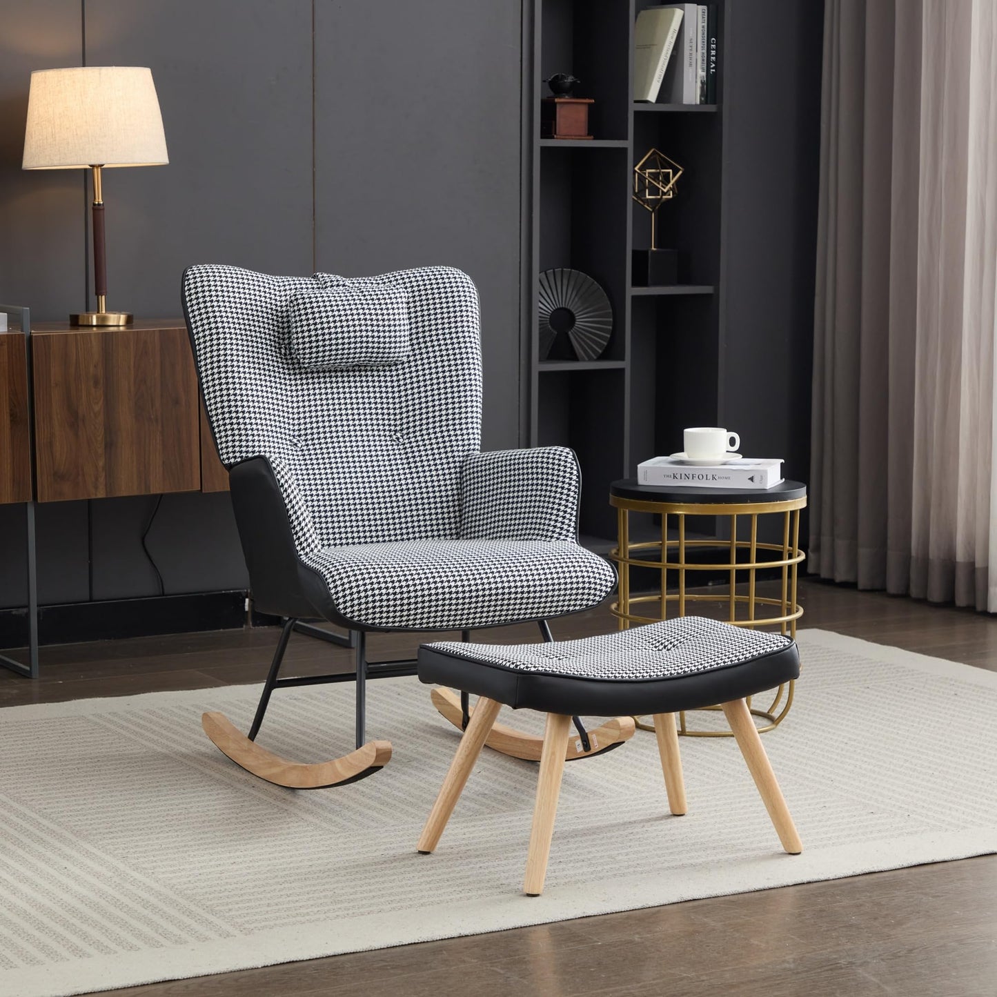 BTM fabric nursery rocking chair with footstool, high back, solid wood legs, side pocket, ideal for balcony, living room, or bedroom.