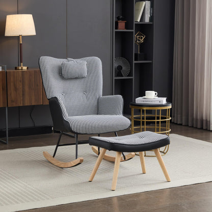 BTM fabric nursery rocking chair with footstool, high back, solid wood legs, side pocket, ideal for balcony, living room, or bedroom.