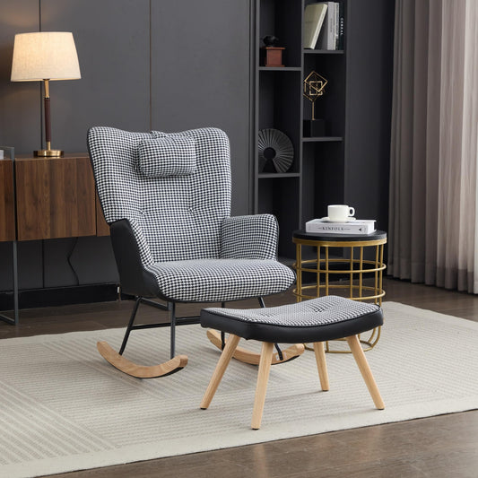 BTM fabric nursery rocking chair with footstool, high back, solid wood legs, side pocket, ideal for balcony, living room, or bedroom.