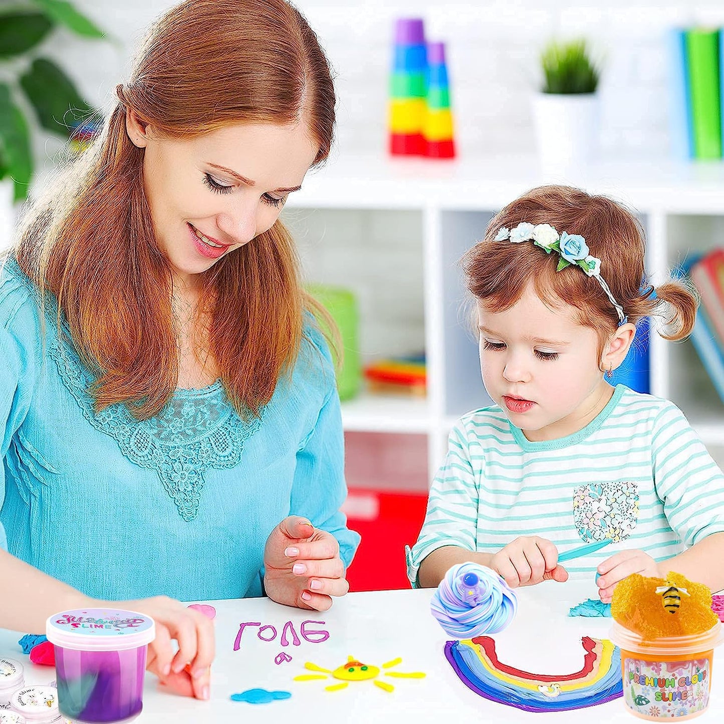 Kids' slime set with 12 colorful, soft, non-sticky slime containers, perfect for stress relief and DIY slime activities.